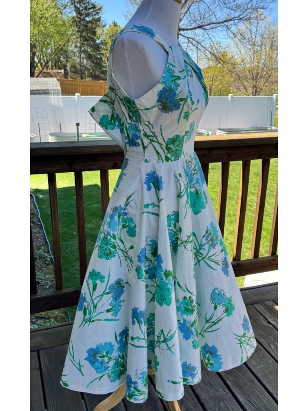 Womens Floral Sundress White & Blue Sleeveless Fit & Flare M (12) Vintage 50s - Picture 13 of 16